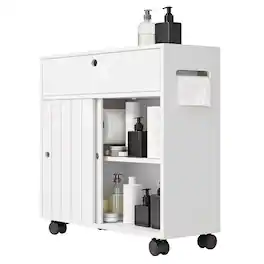 Kleankin - Paper Cabinet, Slim Bathroom Cabinet with 4 Rolling Wheels, Small Bathroom Storage Cabinet with Paper Holes - White