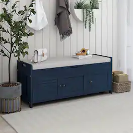 Ropilly - Storage Bench with Cushion and Shutter Doors, Rustic Entryway Shoe Bench - Antique Navy