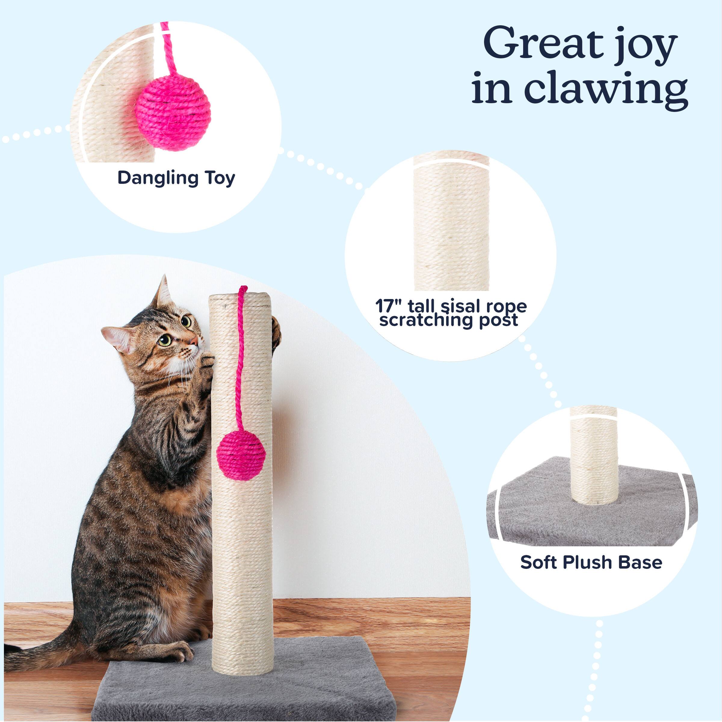 Great joy in clawing  
Dangling Toy  
17" tall sisal rope scratching post  
Soft Plush Base