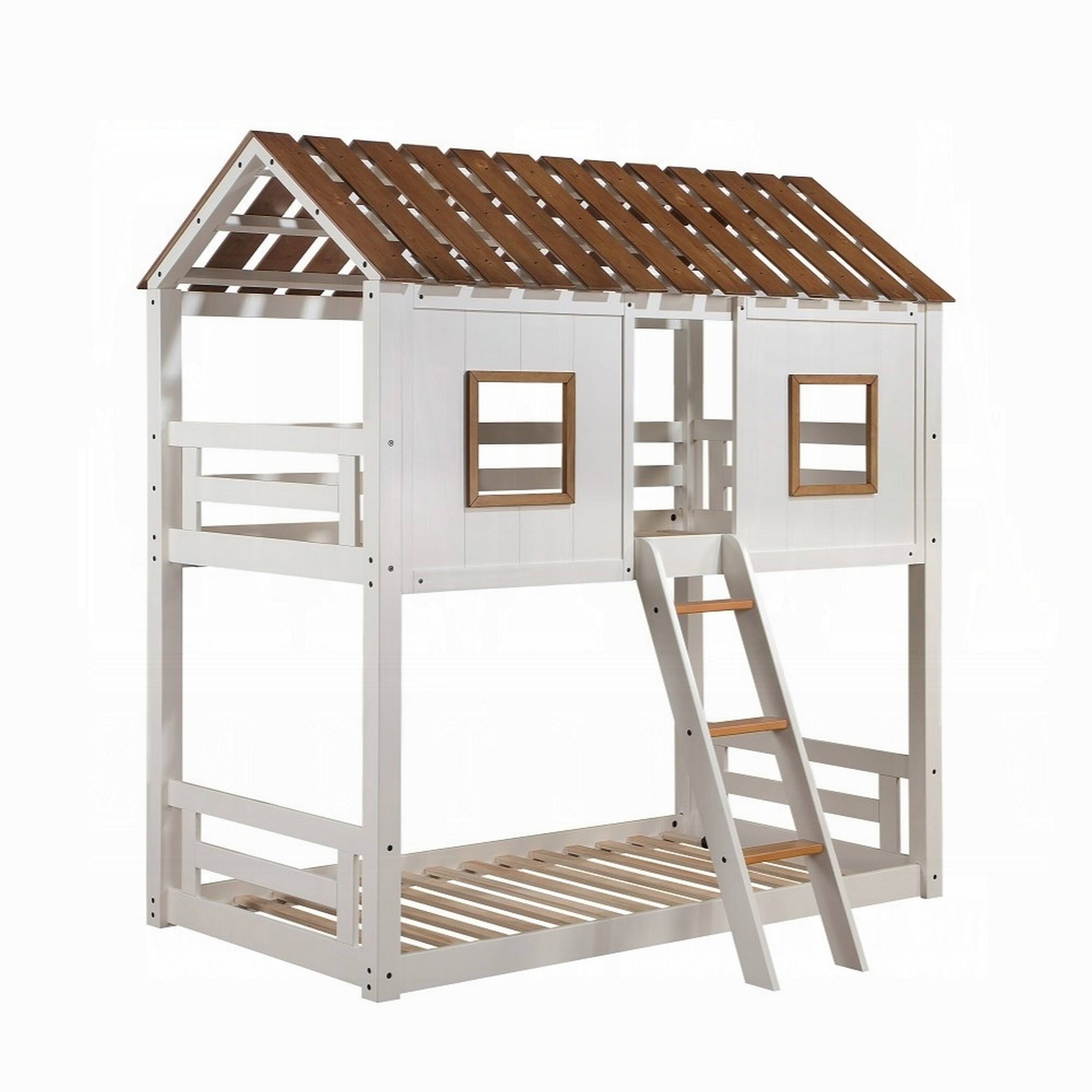 Manhattan Lane - Nara Twin Size Bunk Bed, House Design with Ladder, White Rustic Wood - White, Oak Brown