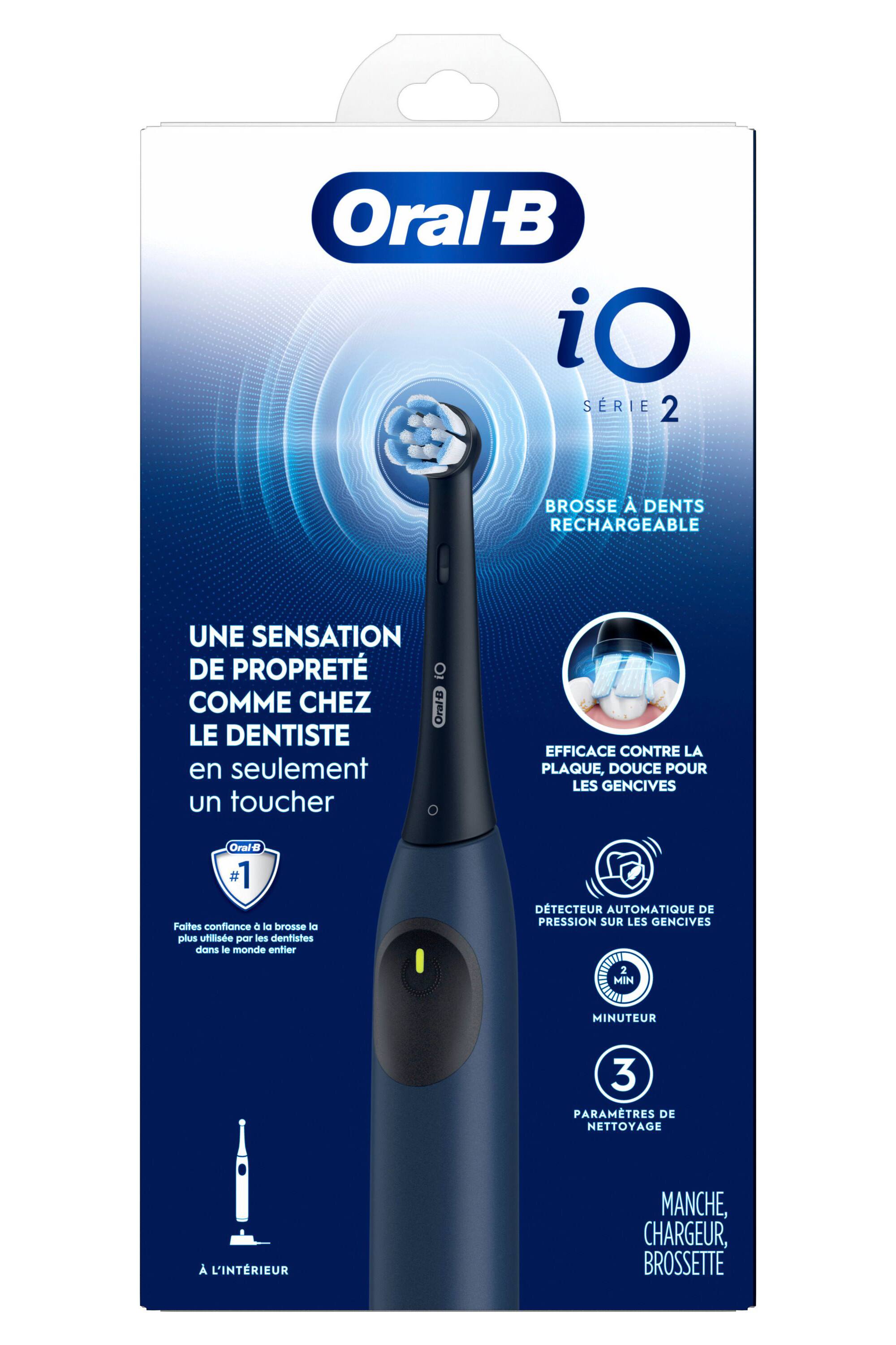 Oral-B iO Série 2  
Brosse à dents rechargeable  

Une sensation de propreté comme chez le dentiste en seulement un toucher  

Efficace contre la plaque, douce pour les gencives  

1. Faites confiance à la brosse la plus utilisée par les dentistes dans le monde entier  
2. Détecteur automatique de pression sur les gencives  
3. Minuteur 2 min  
4. 3 paramètres de nettoyage  

À l'intérieur :  
Manche, chargeur, brosse  

Oral-B #1