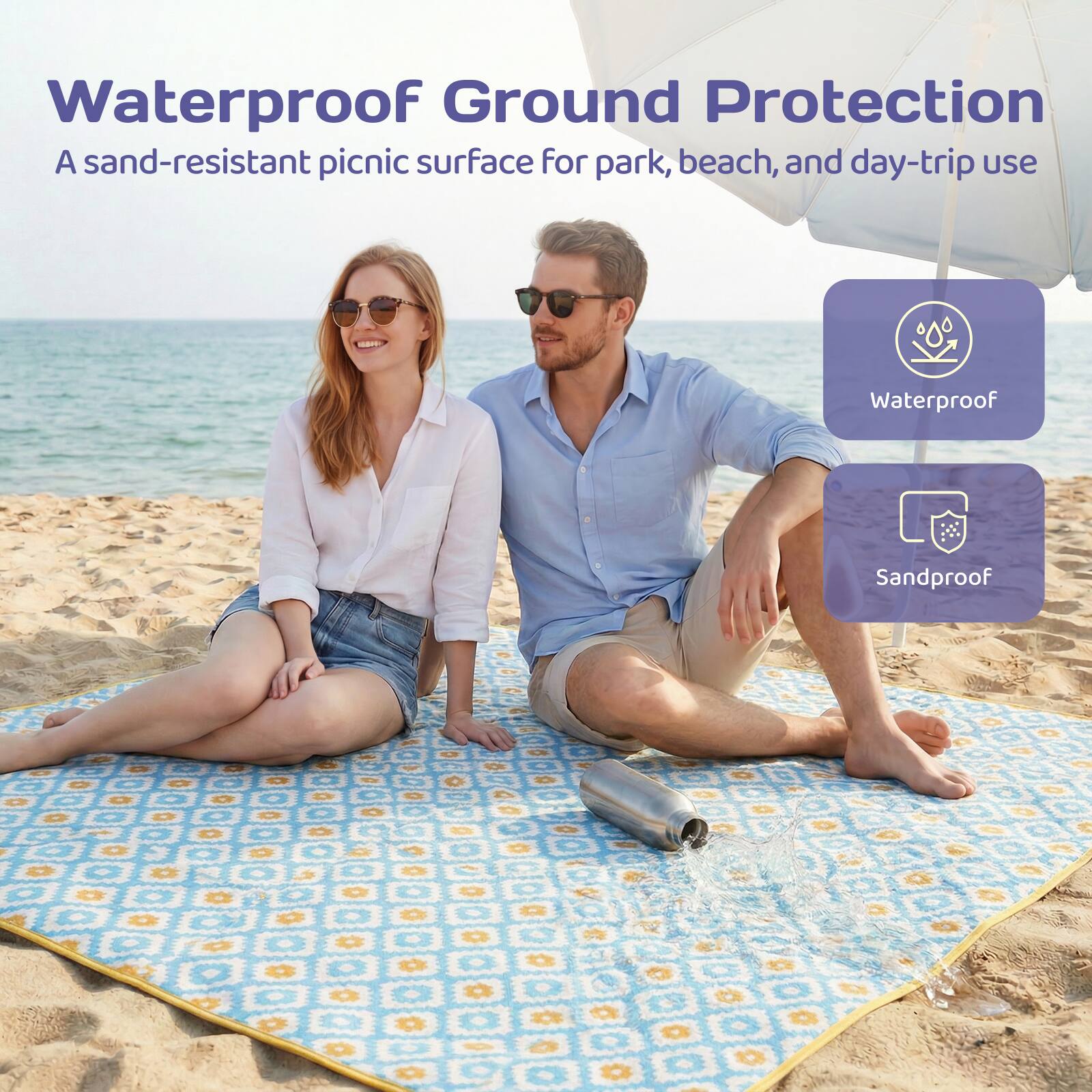 Waterproof Ground Protection  
A sand-resistant picnic surface for park, beach, and day-trip use  

Waterproof  
Sandproof