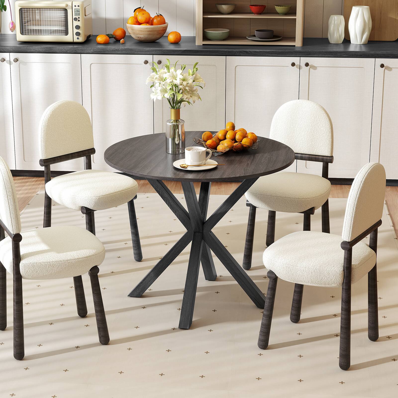 Alt View 4. Gymax - Gymax 36'' Round Farmhouse Dining Table for 4 w/Stable Intersecting Pedestal Base Black - Black.