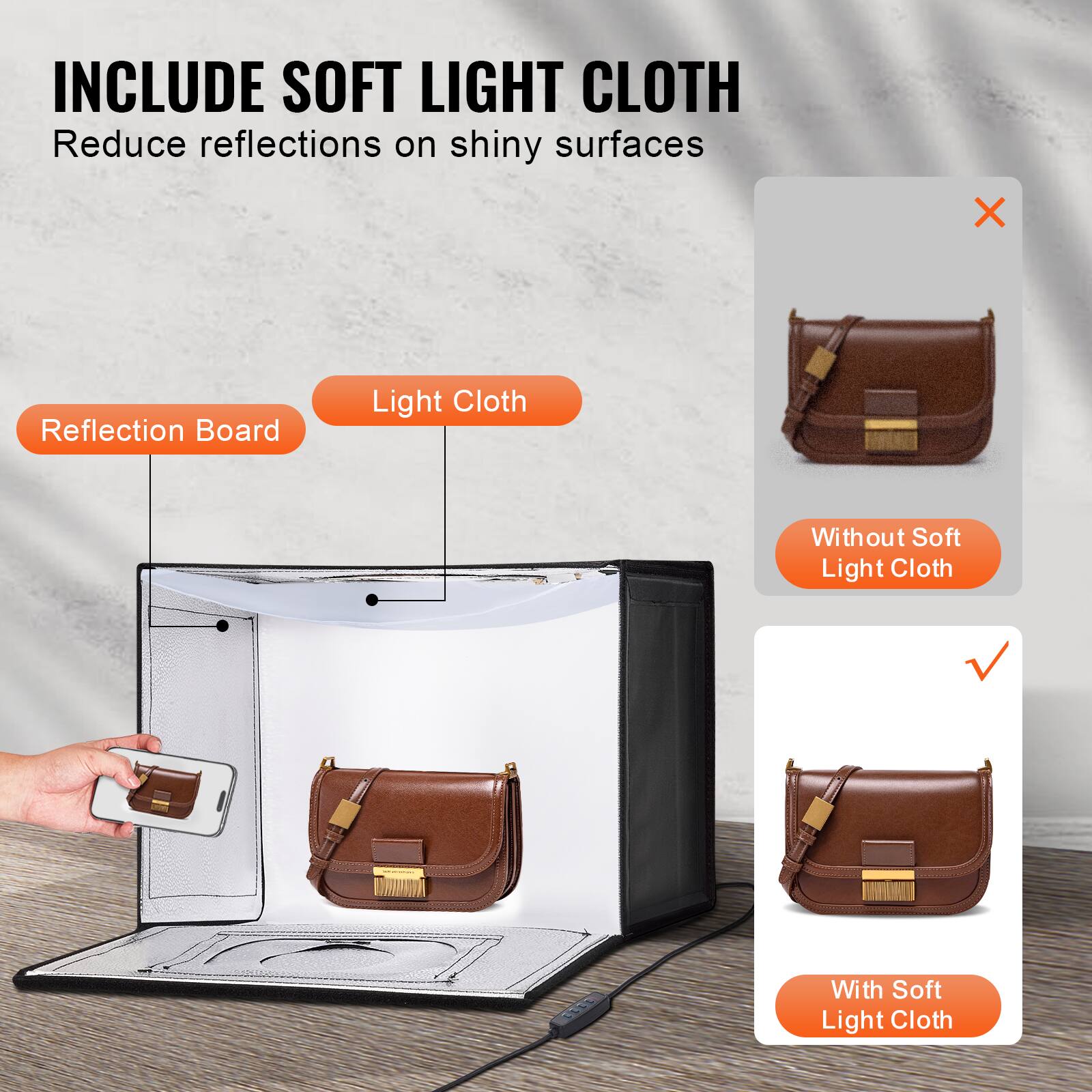 INCLUDE SOFT LIGHT CLOTH  
Reduce reflections on shiny surfaces  

Reflection Board  
Light Cloth  

Without Soft Light Cloth  
With Soft Light Cloth
