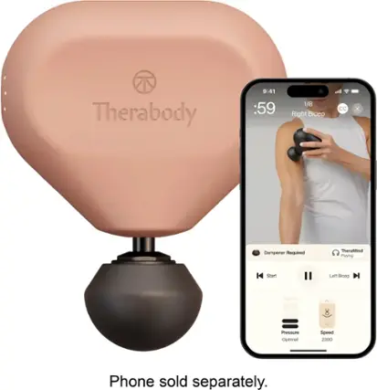 The text on the image is grouped and corrected as follows:

"Therabody 9:41 :59 1/8 Right Bicep CC x Dampener Required TheraMind Playing Start Left Bicep NI Pressure Optimal Speed 2300 Phone sold separately."