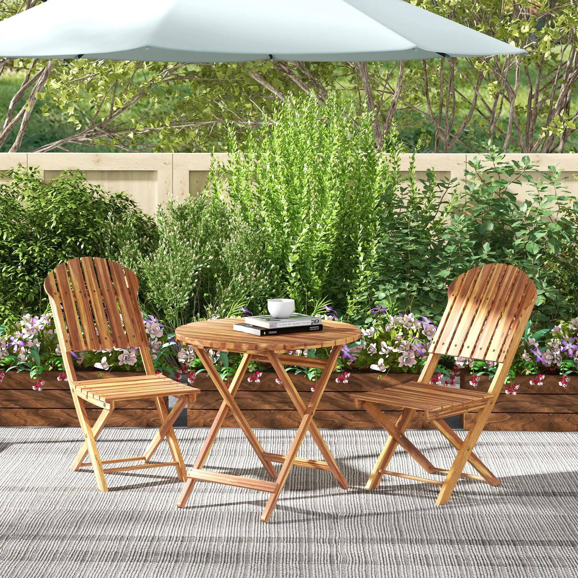 Left. Resenkos - Resenkos Foldable Outdoor Bistro Set, Two Chairs And A Coffee Table, Acacia Wood, Natural Wood Finish - Natural Wood.