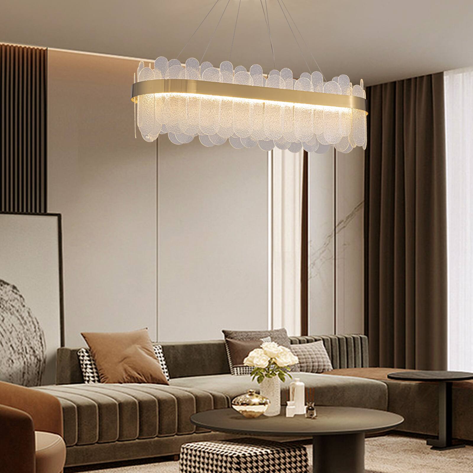 Left. Siljoy - 39.4" Gold Linear Crystal Glass Chandelier, Dimmable LED Pendant Light for Dining Room Kitchen Island Living Foyer - Gold.