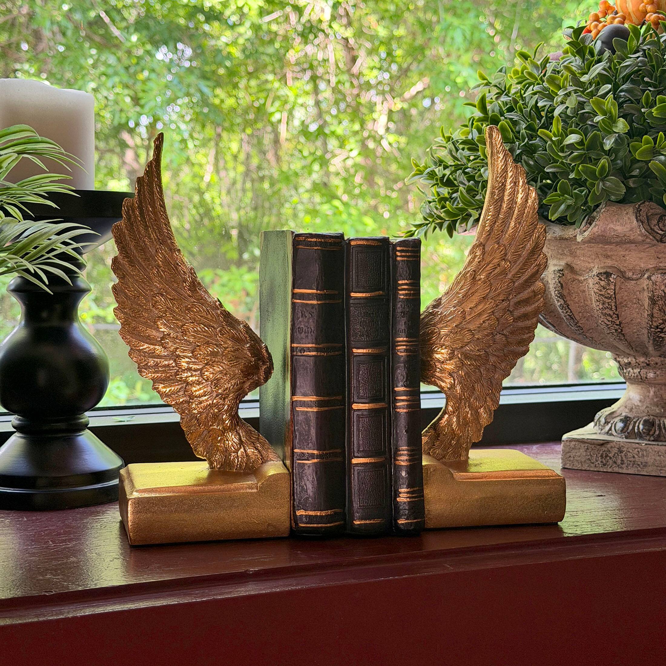 Alt View 4. Things2Die4 - Angel Wing Bookends Set Antique Gold Resin 8.75 in Decorative Book Holders - Gold.