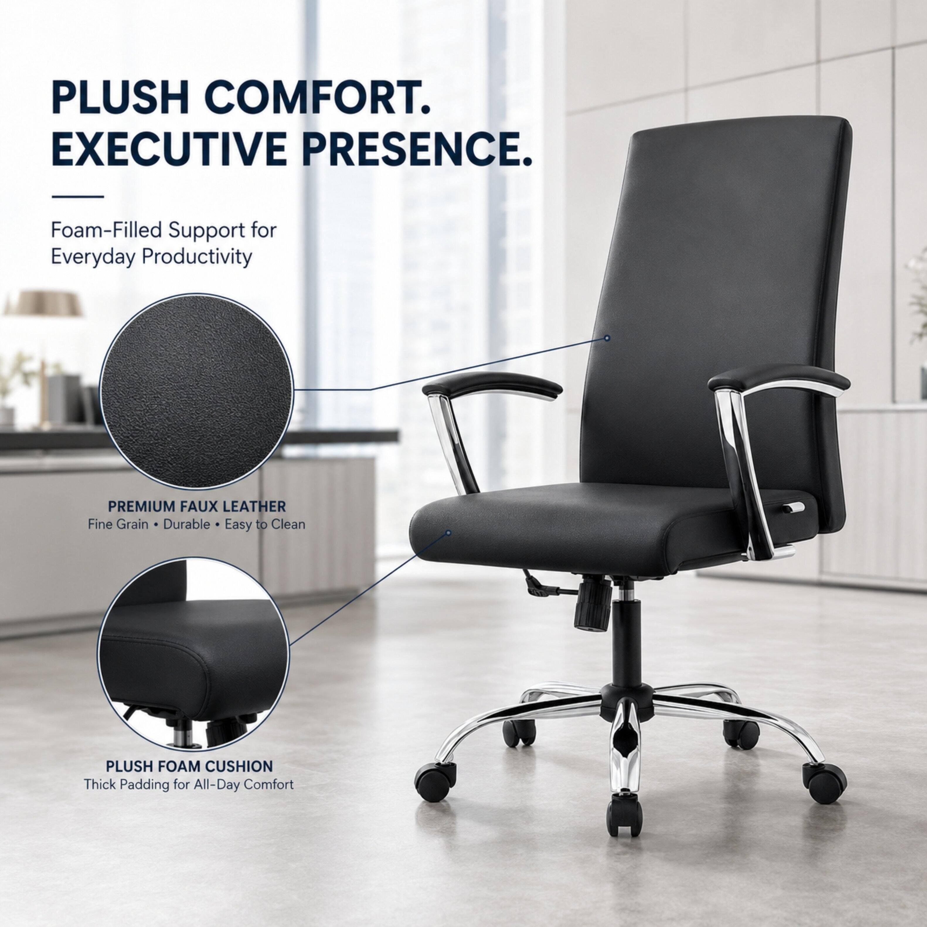 PLUSH COMFORT. EXECUTIVE PRESENCE.

Foam-Filled Support for Everyday Productivity

PREMIUM FAUX LEATHER
Fine Grain • Durable • Easy to Clean

PLUSH FOAM CUSHION
Thick Padding for All-Day Comfort
