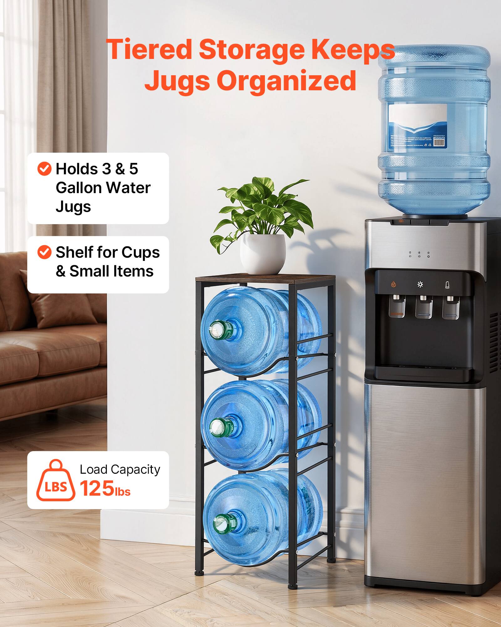 Tiered Storage Keeps Jugs Organized
Holds 3 & 5 Gallon Water Jugs
Shelf for Cups & Small Items
Load Capacity: 125 lbs