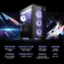 The image features a computer with a purple and black case. The computer is equipped with a processor, graphics card, memory, cooling system, storage, and power supply. It also comes with a bundle that includes a MSI gaming keyboard and mouse. Additionally, the computer has WiFi capabilities.