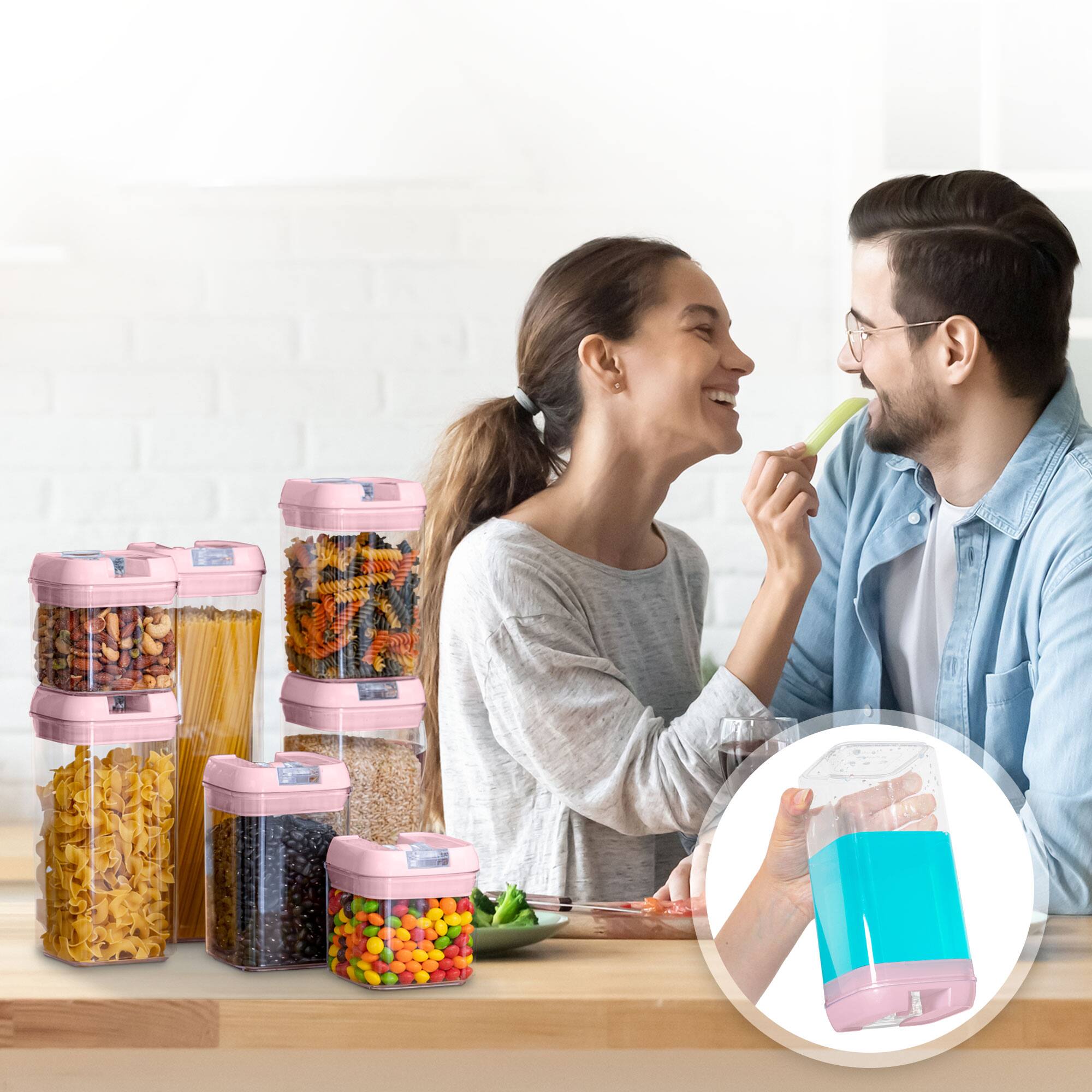 Angle. Cheer Collection - 7-Piece Airtight Pantry Food Storage Container Set with Mixed Sizes, Flip-Top Lids & Reusable Labels - Pink.