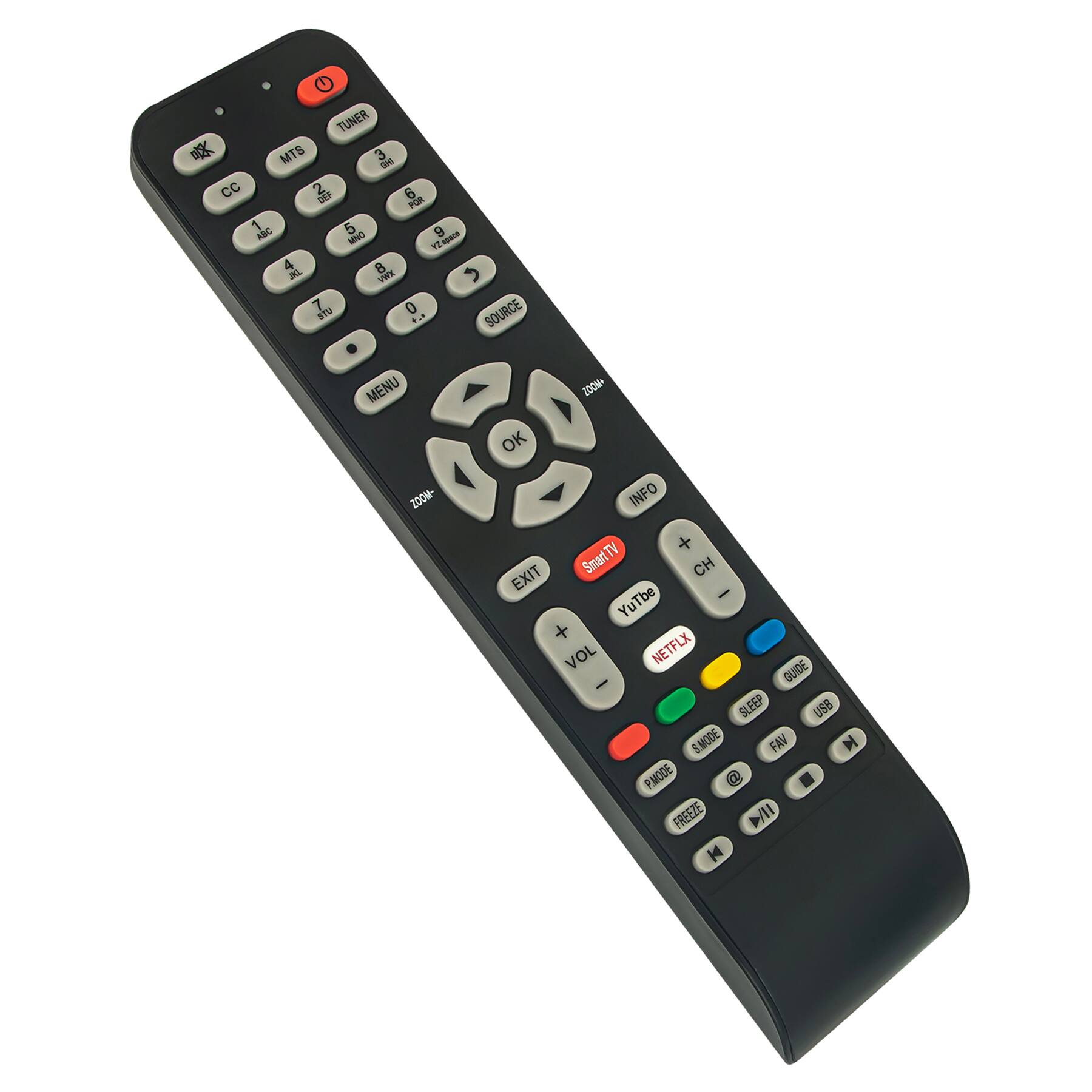 Sure, here is the corrected and grouped text from the image:

**Top Section:**
- TUNER
- MTS
- CC
- DEF
- ABC
- MND
- RE-
- JL
- VWE
- e
- St

**Number Pad:**
- 1
- 2
- 3
- 4
- 5
- 6
- 7
- 8
- 9
- 0

**Navigation:**
- SOURCE
- MENU
- OK
- INFO
- EXIT

**Bottom Section:**
- SmartTV
- CH
- VOL
- Netflix
- GUIDE
- SLEEP
- USB
- S.MODE
- FAV
- PMODE
- FREEZE
- D/II

**Additional:**
- ZOOM- 200M
- 709M
- 205M