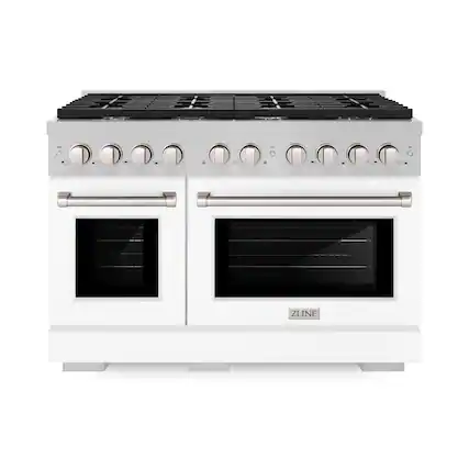Front. ZLINE - ZLINE 48 in. Paramount Satin Double Oven Gas Range w/ 8 Burners & White Matte Doors (SGRS-WM-48) - White.
