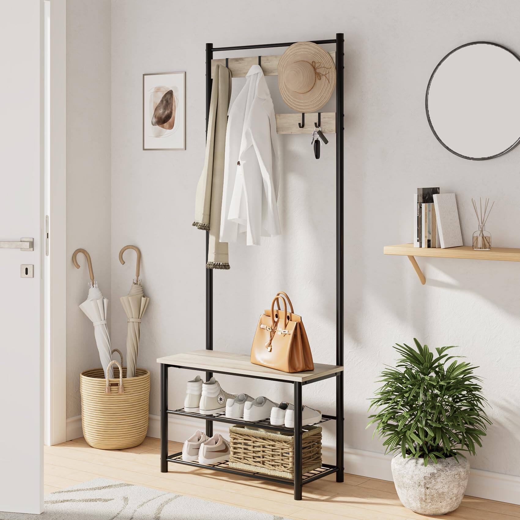 Alt View 1. Hirose Alice - Hall Tree with Bench and Shoe Storage -in-Coat Rack Freestanding Wooden Coat Rack with Shoe Bench with Meta... - Greige.