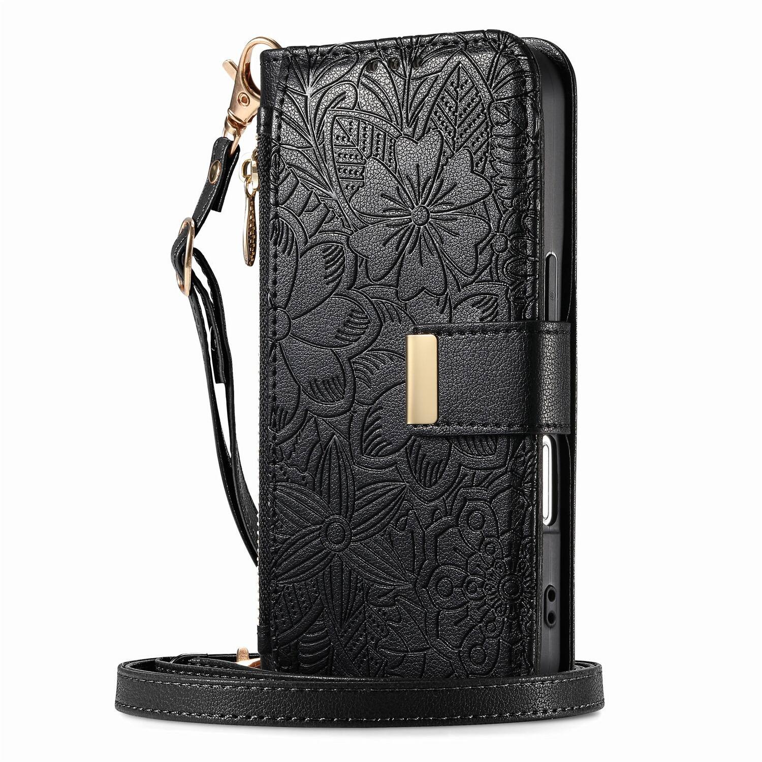 Alt View 8. Dteck - Floral Embossed Leather Zipper Cash Slot Wallet Case for Apple iPhone 17 with Detachable Strap - Black.