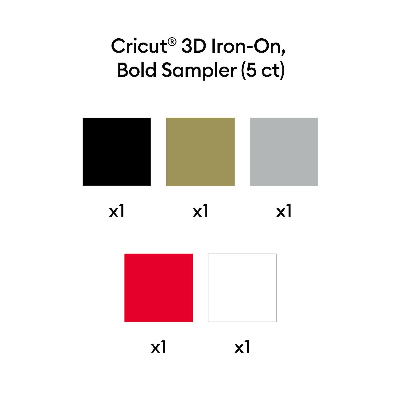 Cricut® 3D Iron-On, Bold Sampler (5 ct)

- Black x1
- Olive Green x1
- Gray x1
- Red x1
- White x1