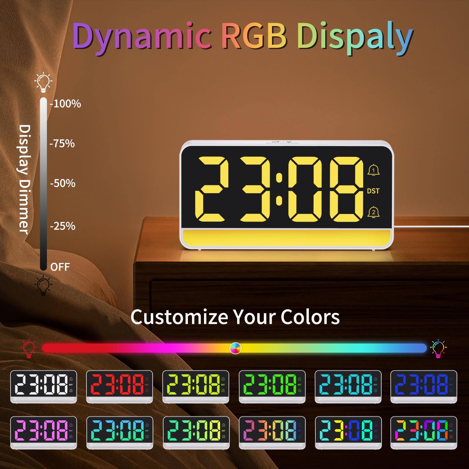 Dynamic RGB Display

Display Dimmer
-100% -75% -50% -25% OFF

Customize Your Colors

23:08 DST

23:08 23:08 23:08 23:08 23:08 23:08

23:08 23:08 23:08 23:08 23:08 23:08