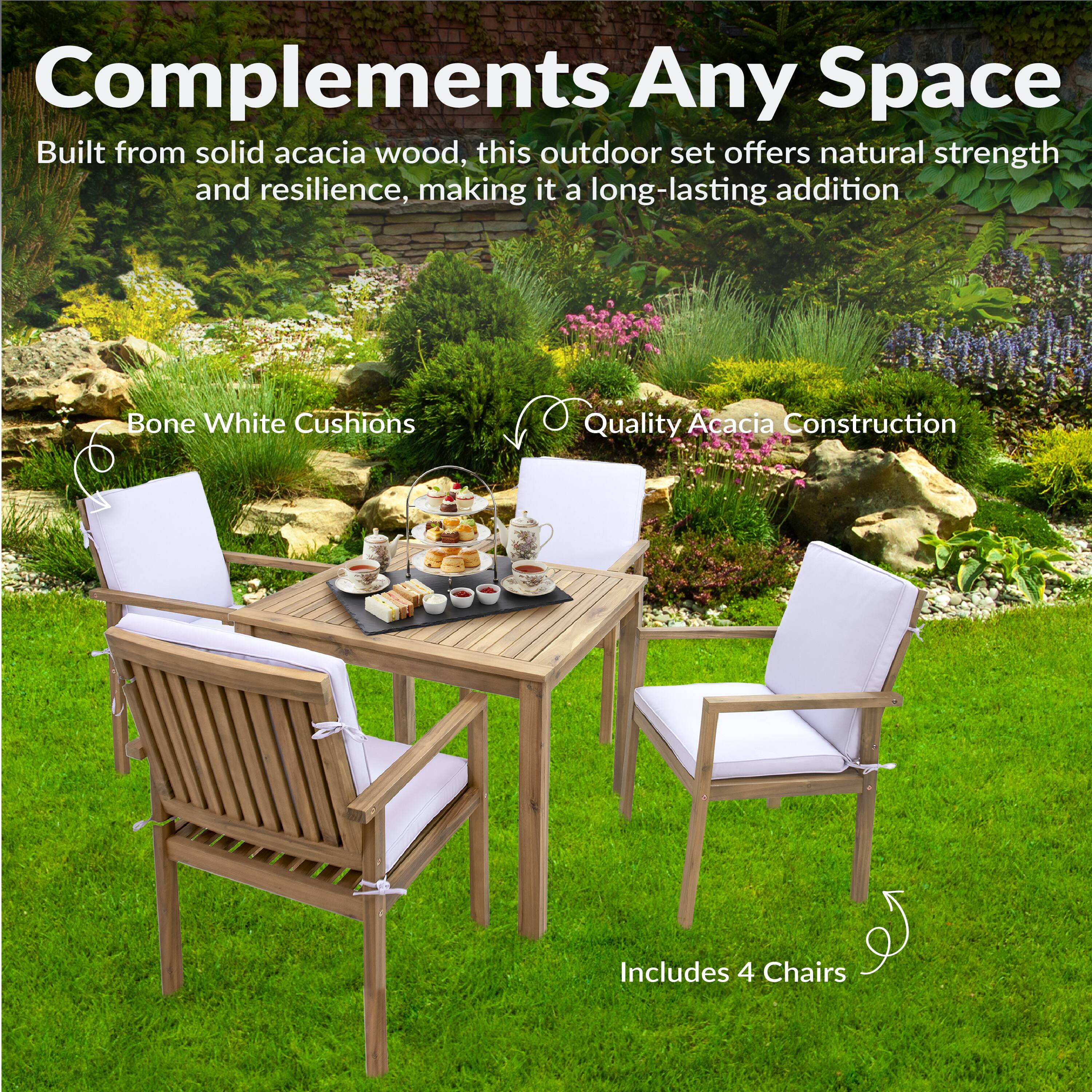 Complements Any Space

Built from solid acacia wood, this outdoor set offers natural strength and resilience, making it a long-lasting addition.

- Bone White Cushions
- Quality Acacia Construction
- Includes 4 Chairs