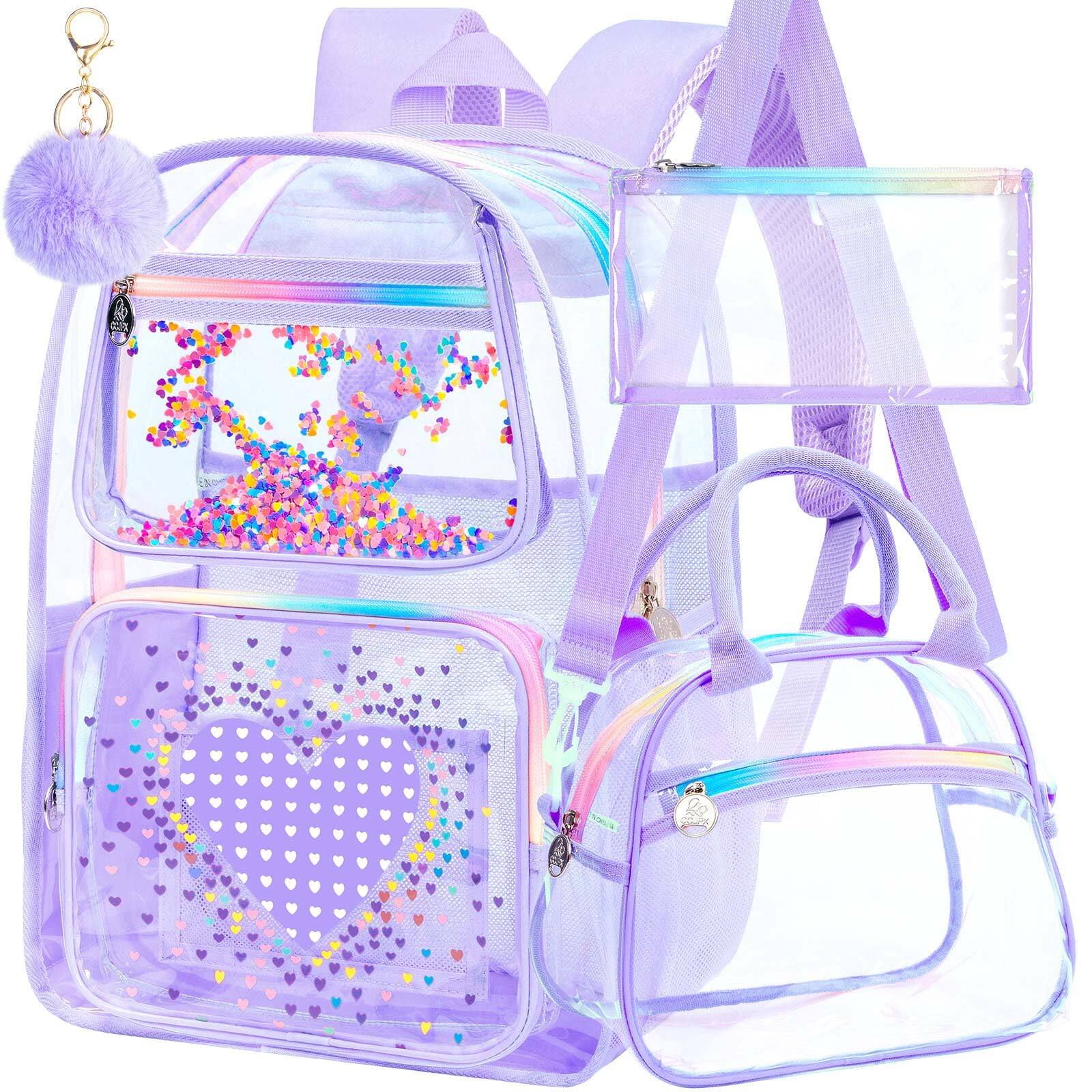 Front. Stamp n Camp - Clear Backpack  Heavy Duty Transparent Bookbag See Through Pvc Backpacks For Men Women - Purple02.