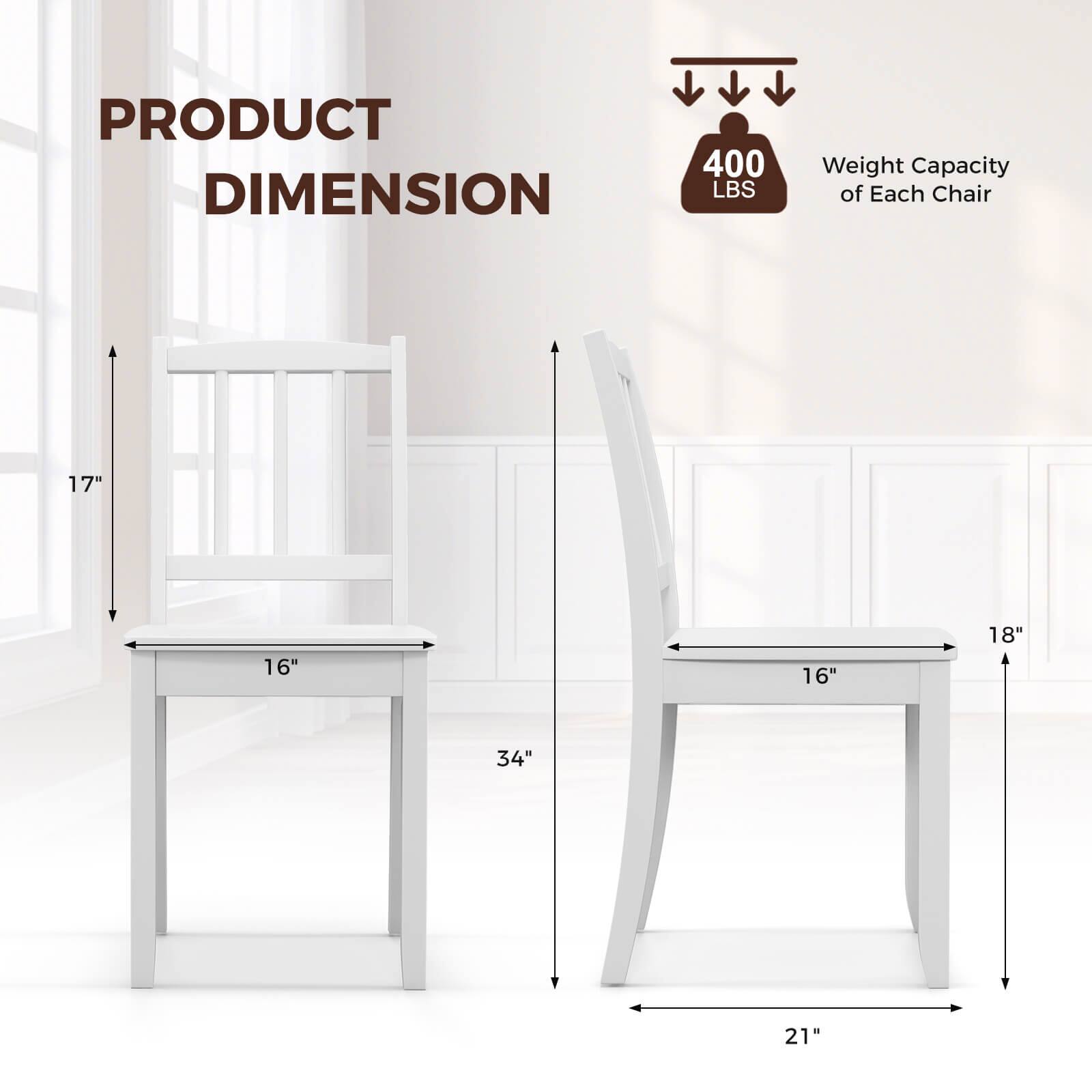 PRODUCT DIMENSION: 400 LBS WEIGHT CAPACITY OF EACH CHAIR: 17" 16" 16" 18" 34" 21"