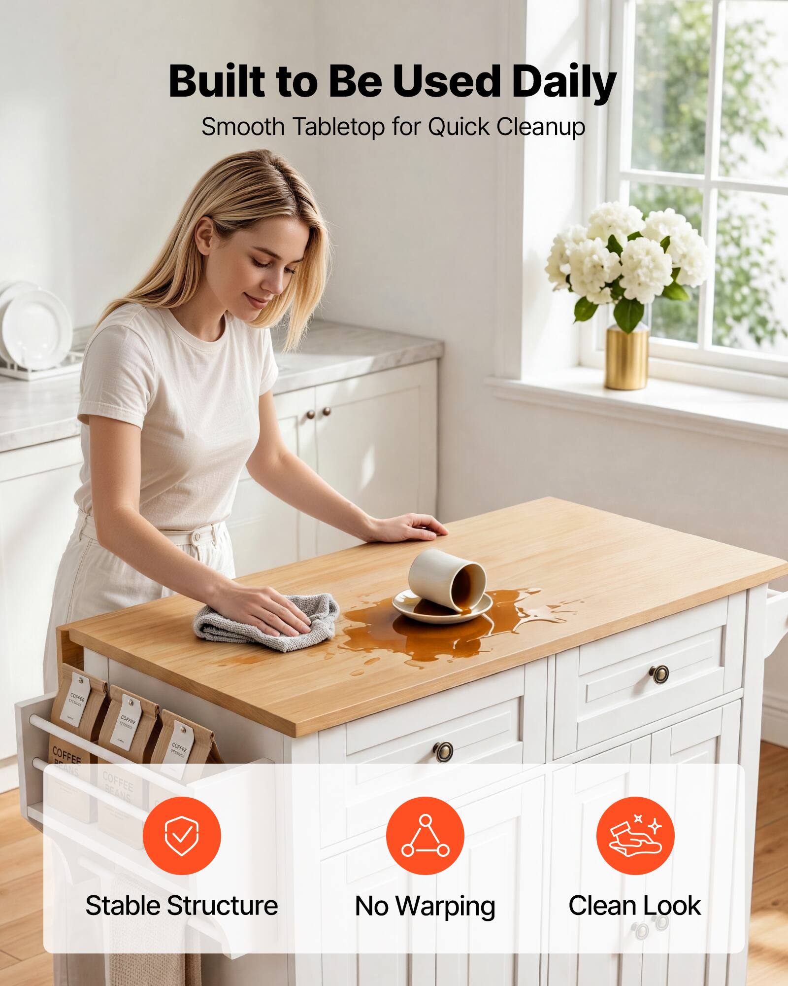 Built to Be Used Daily  
Smooth Tabletop for Quick Cleanup  

- Stable Structure  
- No Warping  
- Clean Look  

COFFEE prodic  
COFFEE BEANS insa LAAnES