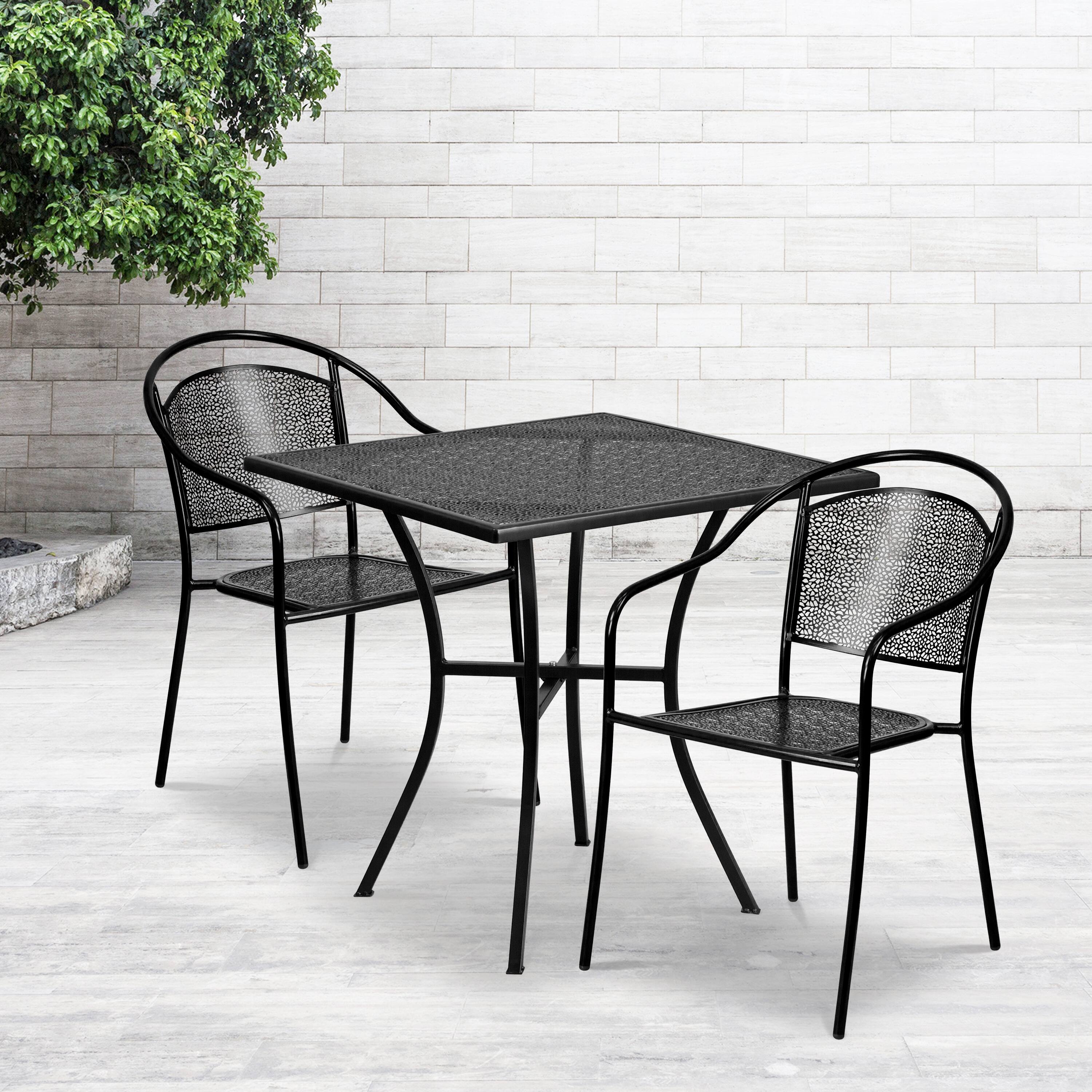 Alt View 1. Emma + Oliver - Commercial Grade 28" Square Metal Patio Table Set with 2 Round Back Chairs - Black.