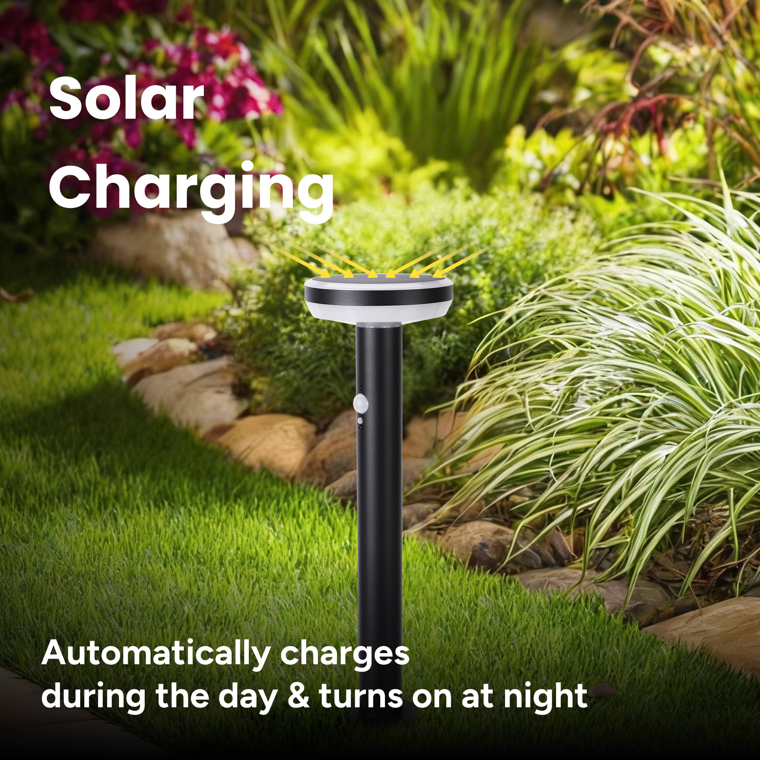 Solar Charging  
Automatically charges during the day & turns on at night