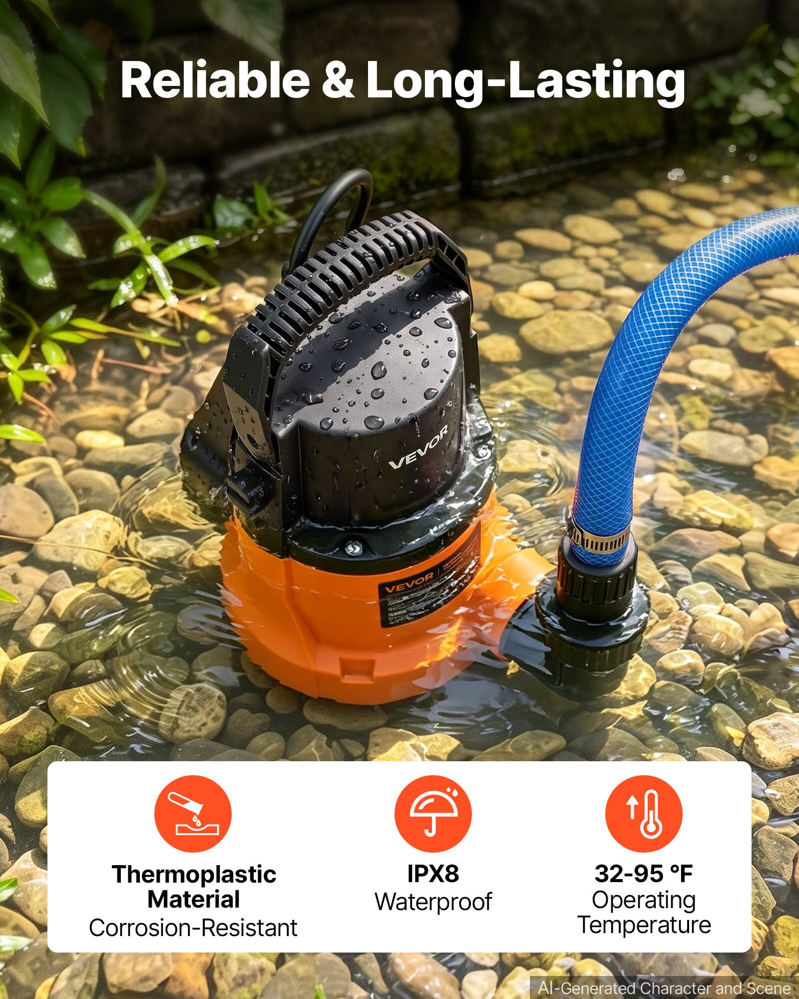 Reliable & Long-Lasting

VEVOR

Thermoplastic IPX8 Material Waterproof Corrosion-Resistant

32-95 °F Operating Temperature

AI-Generated Character and Scene