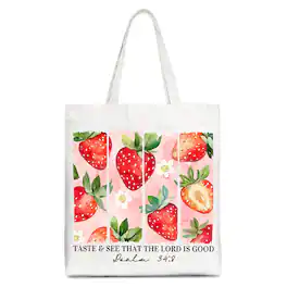 OrnamentallyYou - Taste and See That The Lord is Good Strawberry Canvas Tote Bag, Christian Faith Gift Shopper - White