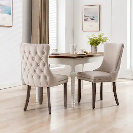 Front. LUCKY ONE - Assembled Wing-Back Dining Chair Set of 2 with Nailhead Trim Solid Wood Legs Upholstered - Beige.