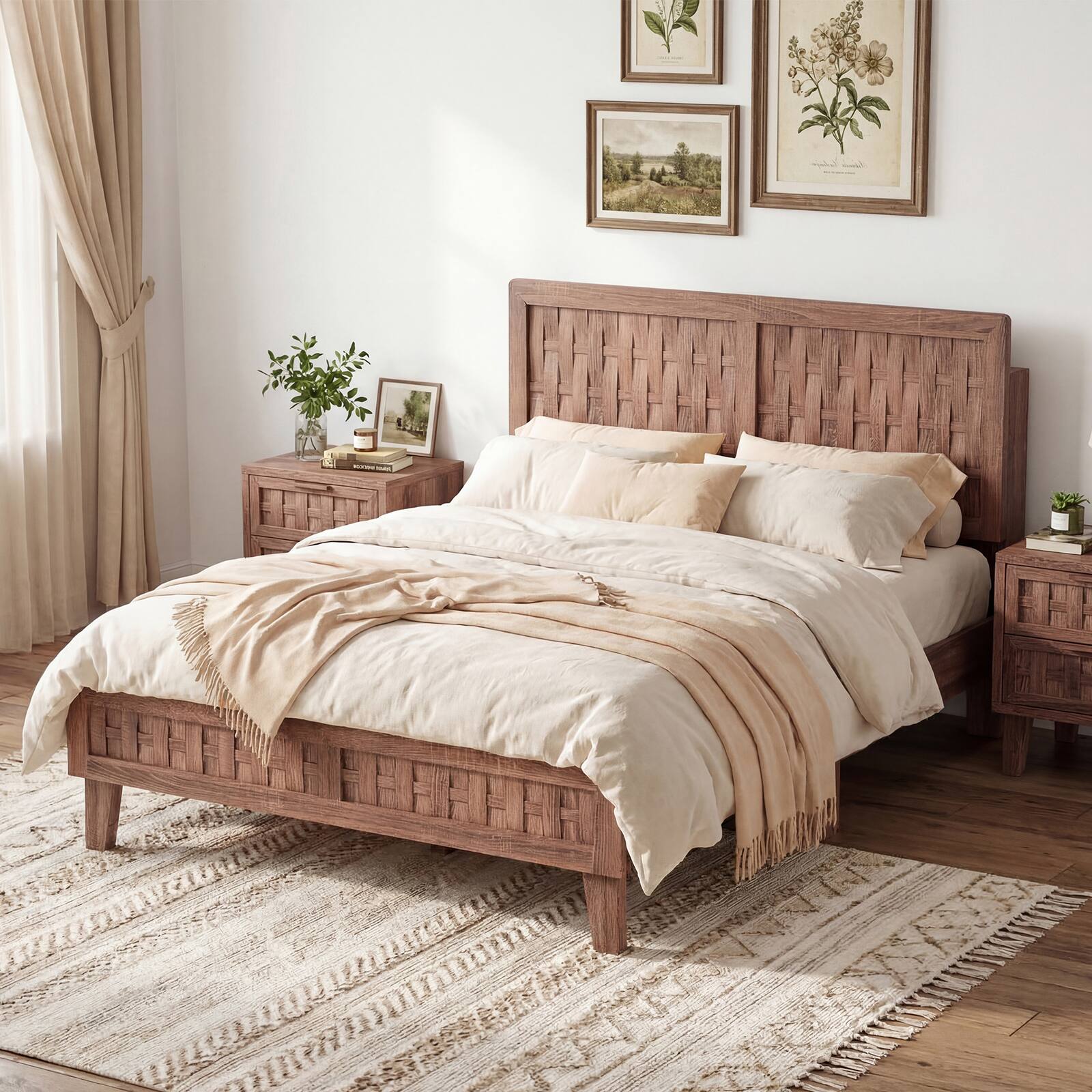 Alt View 4. Costway - Costway Full Size Bed Frame with Woven Accent Headboard & Footboard, Wooden Slat Support - Walnut.