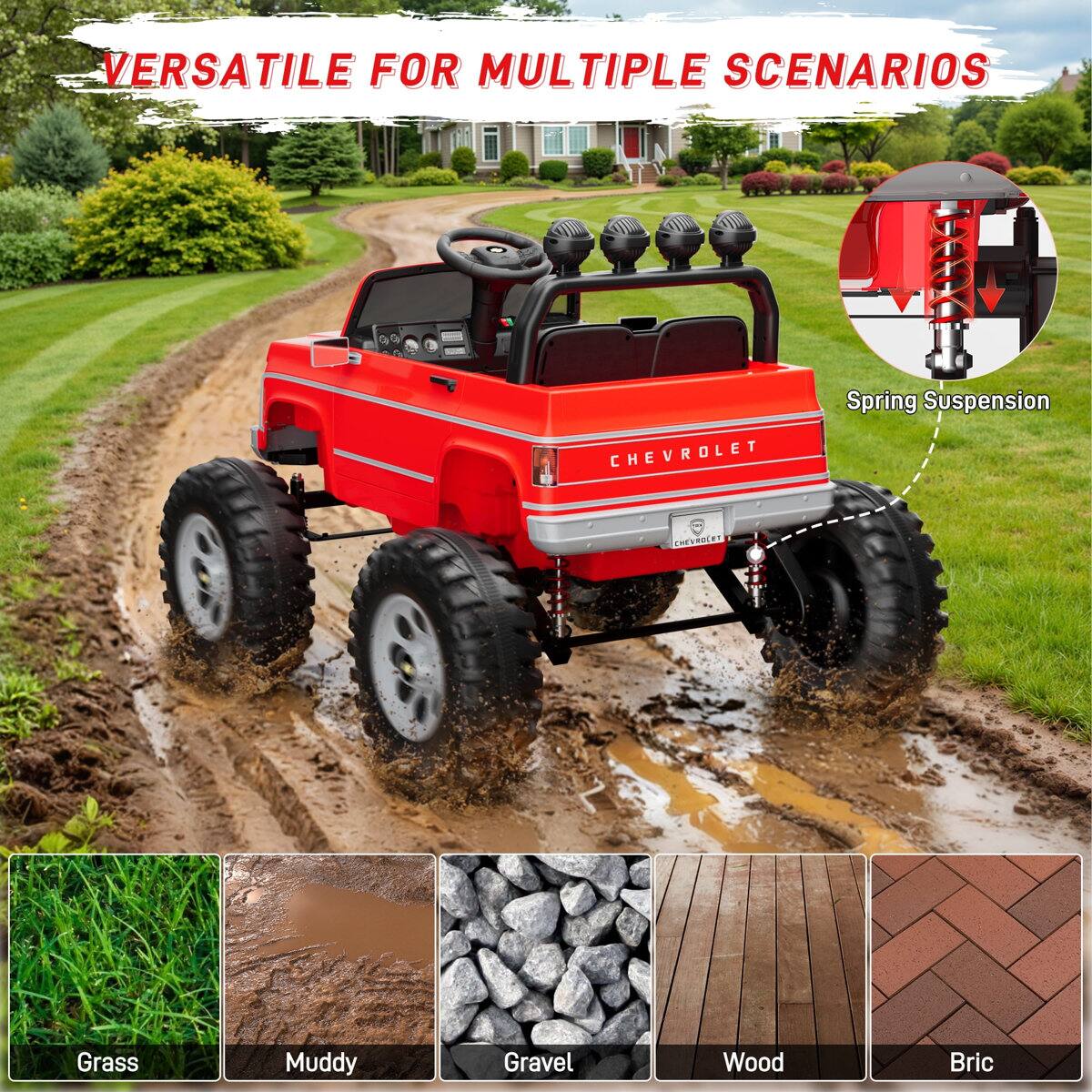 VERSATILE FOR MULTIPLE SCENARIOS  
CHEVROLET  
Spring Suspension  
Grass  
Muddy  
Gravel  
Wood  
Brick