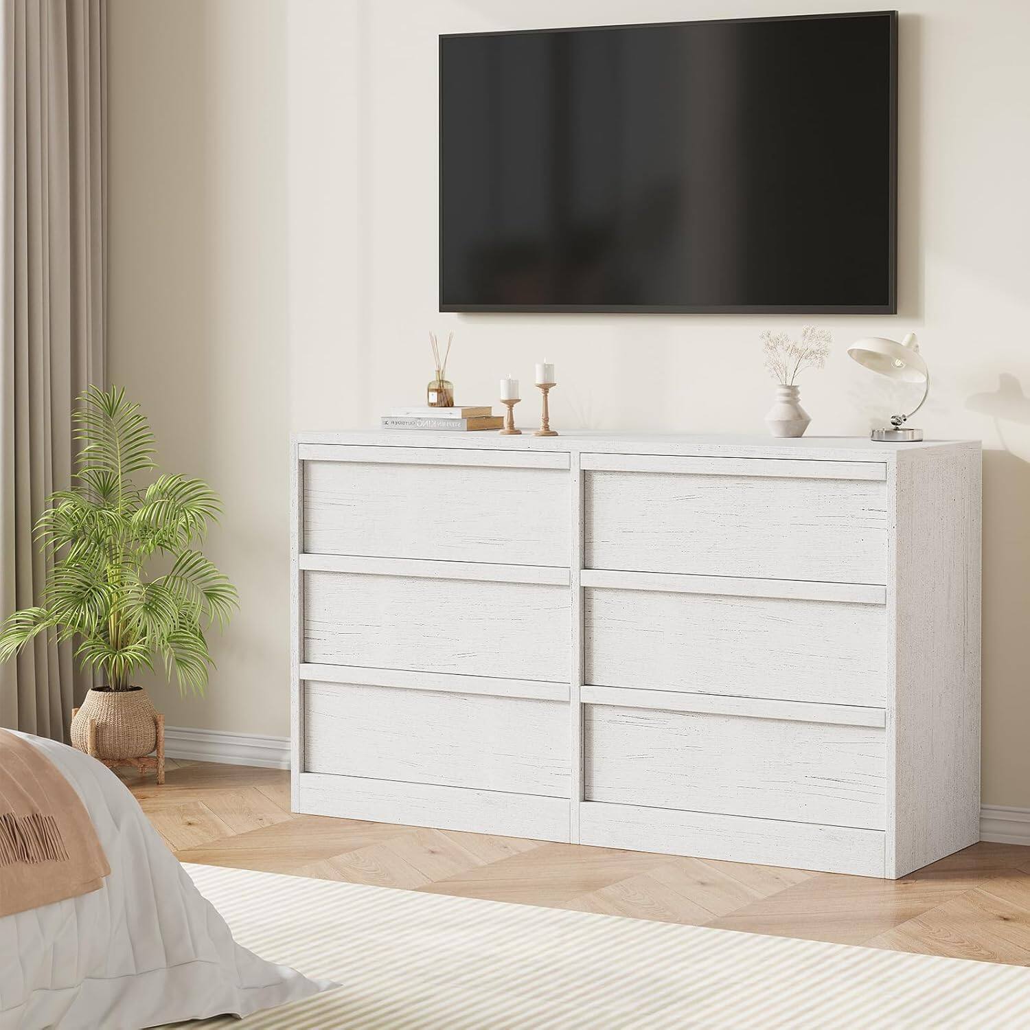 Front. Qeetex - 6 Drawer Dresser for Bedroom, Antique White Double Dresser Organizer with 6 Drawers, Wooden Chest of Drawers - White.