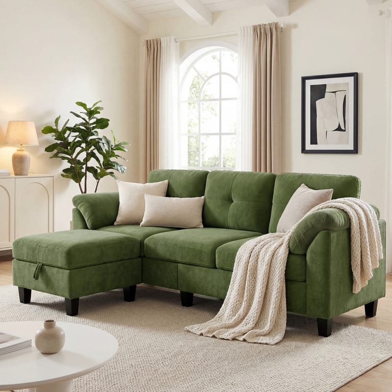 Dyonery - 79" Modular L-Shaped Sectional Sofa, Modern 4-Seat Cloud Couch with Storage Ottoman, Comfy Convertible Furniture Set. - Green