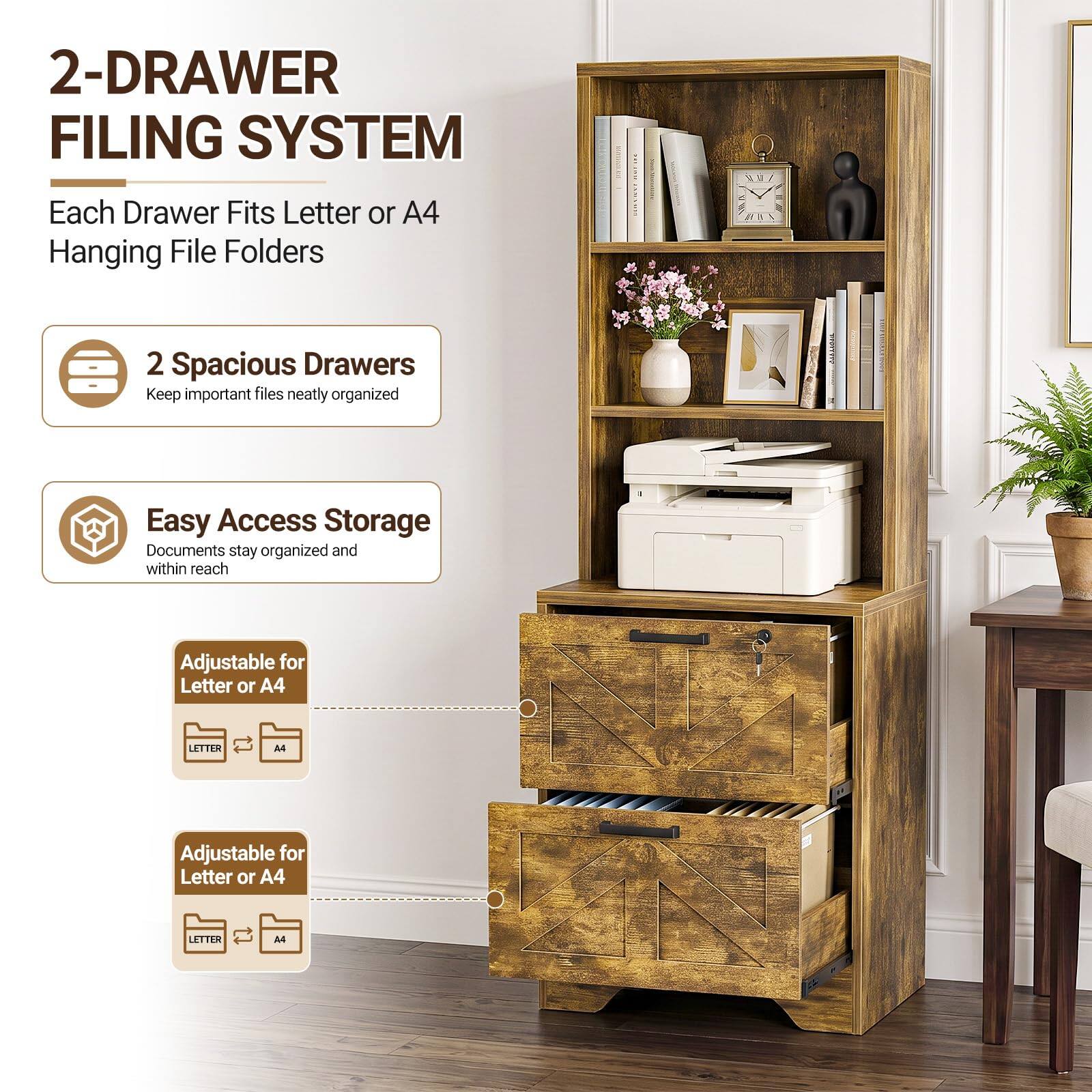 2-DRAWER FILING SYSTEM  
Each Drawer Fits Letter or A4 Hanging File Folders

2 Spacious Drawers  
Keep important files neatly organized

Easy Access Storage  
Documents stay organized and within reach

Adjustable for Letter or A4

Adjustable for Letter or A4