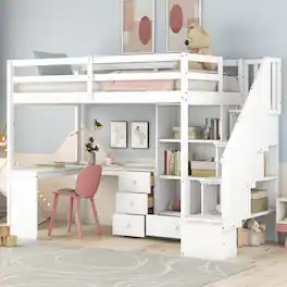 Loheer - Twin Loft Bed with Desk, Loft Bed with Storage Stairs - White