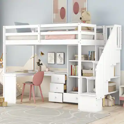Front. Loheer - Loheer Twin Loft Bed with Desk, White Loft Bed with Storage Stairs - White.