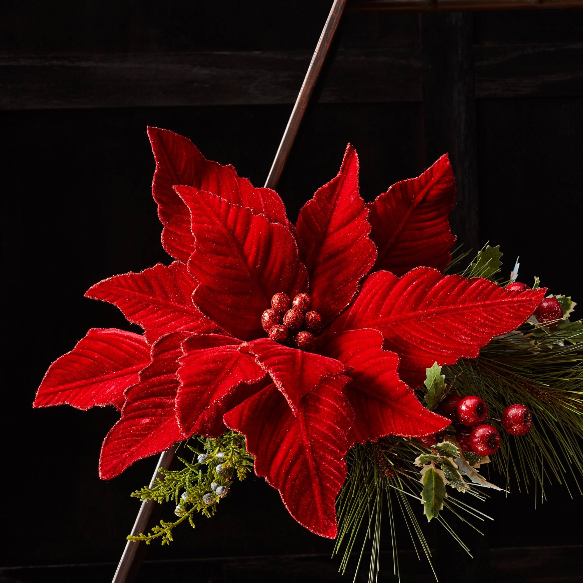 Left. BreeBe - Glittered Red Poinsettia Flower Stem (Set of 2) - Red.