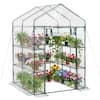 Front. VEVOR - Walk-in Greenhouse, 54" x 54" x 77.2" Greenhouse for Outdoors with PVC Cover, 2 Tiers 10 Shelves, Roll-Up Zipper Door - Transparent color.