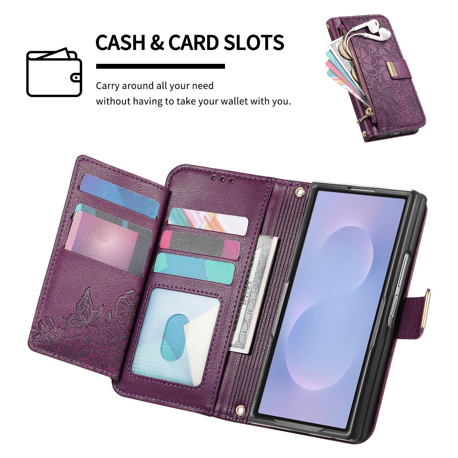 CASH & CARD SLOTS  
Carry around all your need without having to take your wallet with you.