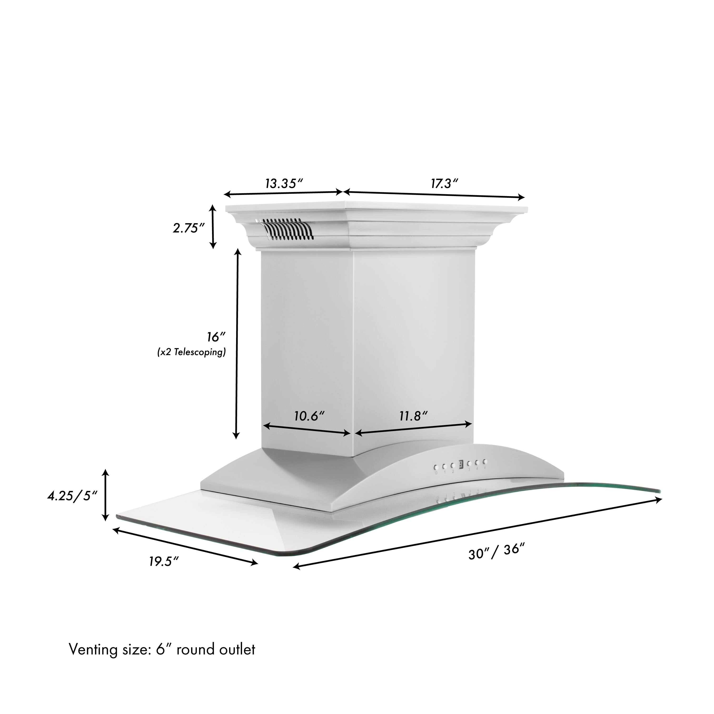 13.35" 17.3" 2.75" 16" (x2 Telescoping) 10.6" 11.8" 4.25/5" 19.5" 30"/36" Venting size: 6" round outlet