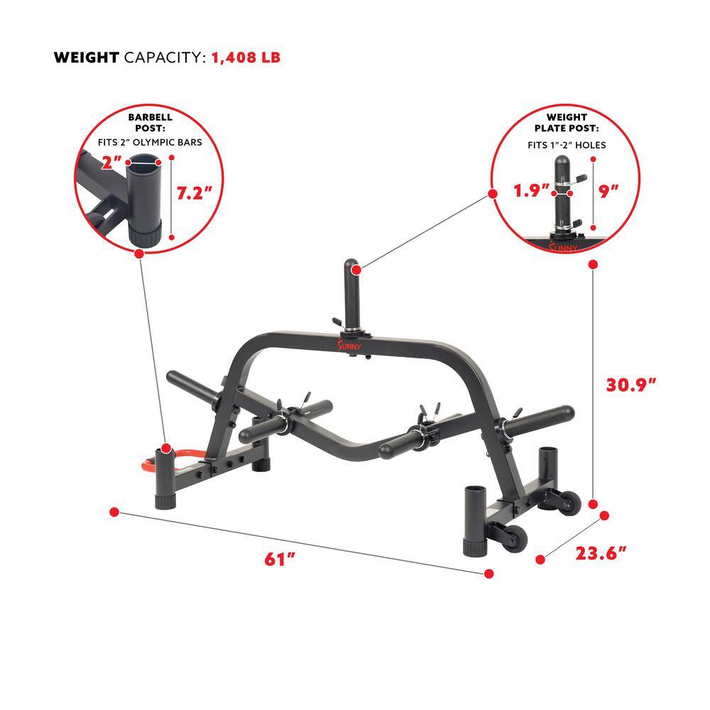 WEIGHT CAPACITY: 1,408 LB  
BARBELL POST: FITS 2" OLYMPIC BARS  
WEIGHT PLATE POST: FITS 1-2" HOLES  
7.2"  
1.9"  
9"  
30.9"  
61"  
23.6"