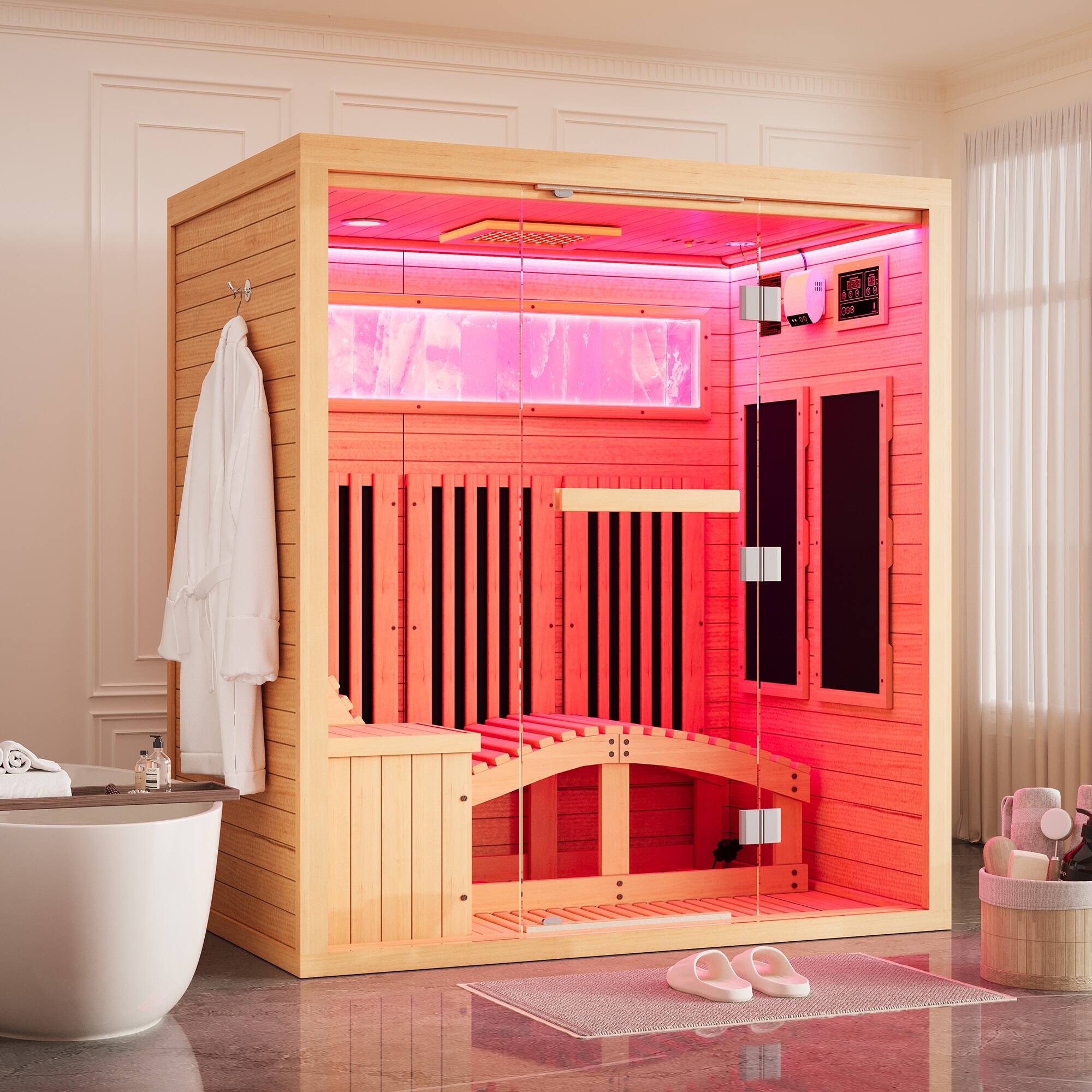 Left. U-HOMY - Deluxe Home Sauna: Hemlock Infrared Cabin with Himalayan Salt Wall and Chromotherapy Lighting - Wood.