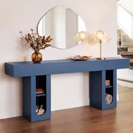 Front. Whisen - 71-Inch Long Console Table with Built-in Power Outlet and Adjustable Shelves-Blue - Blue.