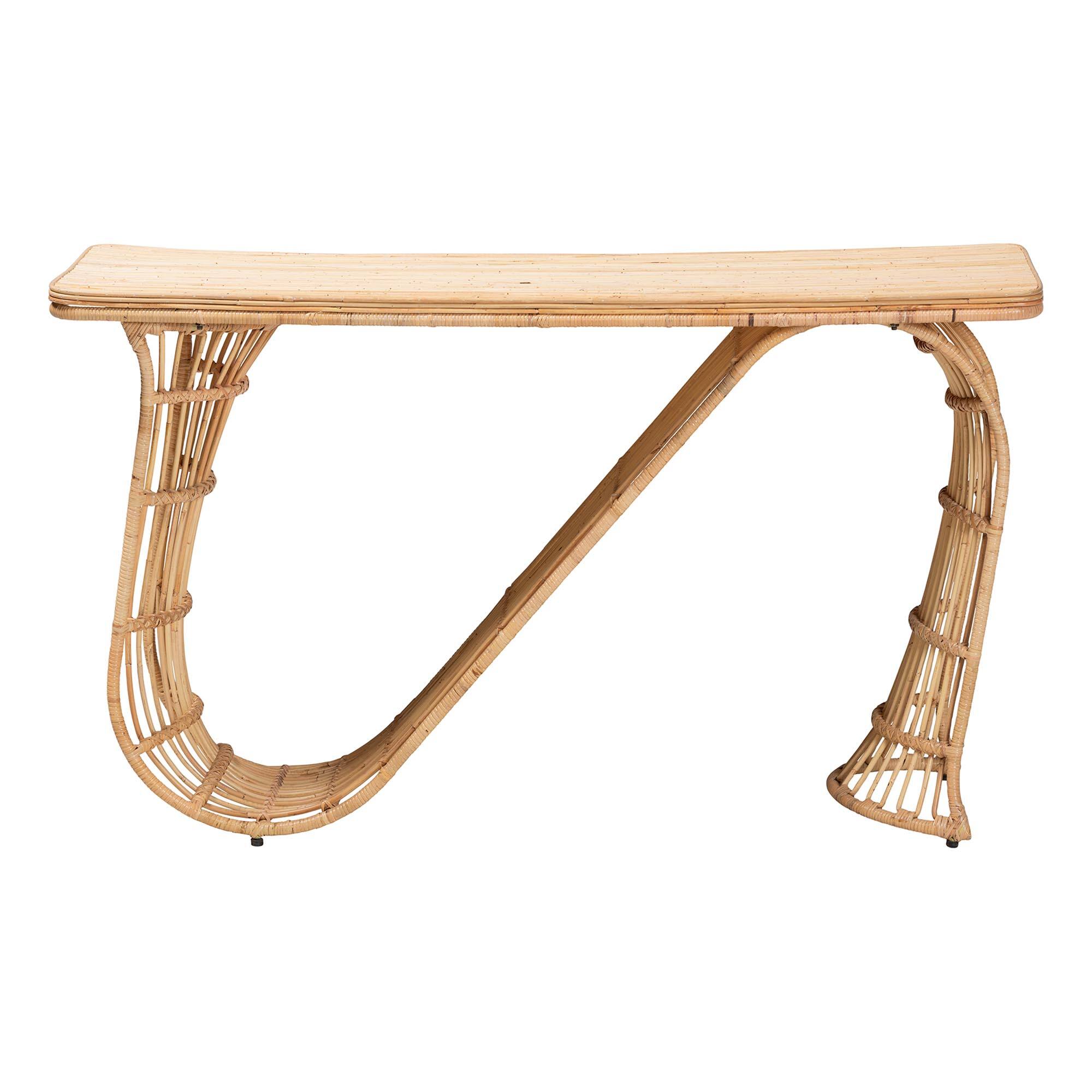 Angle. bali & pari - Araceli Rattan S-Curve Console Table - Handwoven Wicker Sculptural Accent Table for Living Room or Entryway - Light Honey.