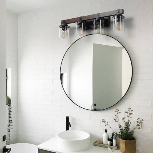 Alt View 1. LUCKY ONE - 27in Rustic 4-Light Vanity Light, Industrial Farmhouse Bathroom Sconce with Wood Accent - Walnut.
