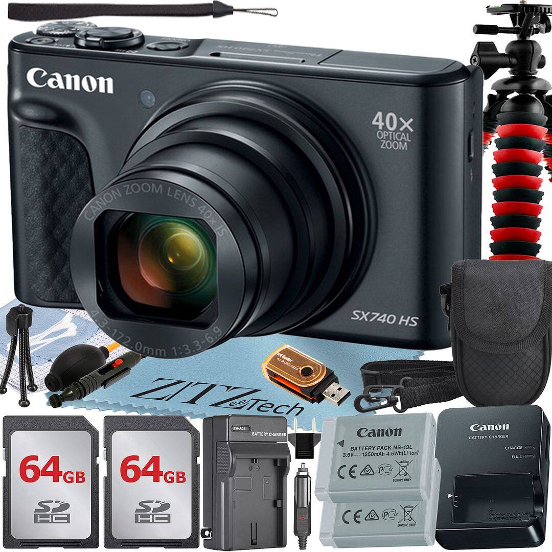 Canon - PowerShot SX740 HS Digital Camera with 2x 64GB Card + ZeeTech Advanced Bundle (International Version) - Black