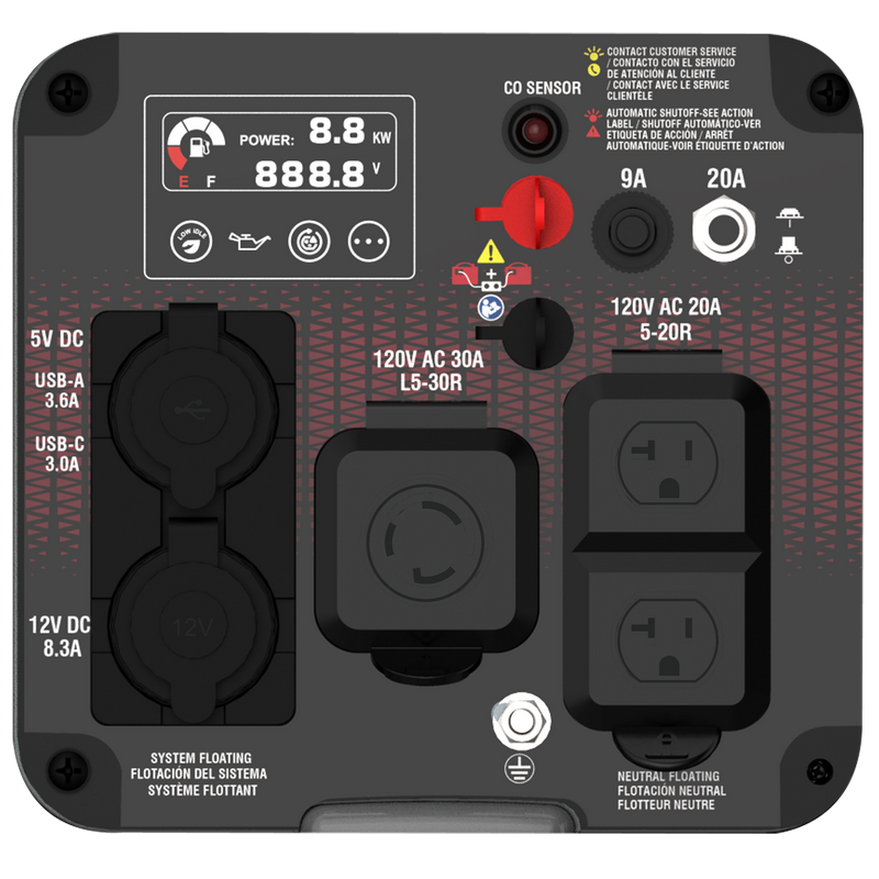 E F POWER: 8.8 KW  
888.8 V  

CONTACT CUSTOMER SERVICE / CONTACTO CON EL SERVICIO DE ATENCIÓN AL CLIENTE / CONTACT AVEC LE SERVICE CLIENTÈLE  
SENSOR  
AUTOMATIC SHUTOFF-SEE ACTION LABEL / SHUTOFF AUTOMATICO-VER ETIQUETA DE ACCIÓN / ARRET AUTOMATIQUE-VOIR ETIQUETTE D'ACTION  

9A  
20A  

5V DC USB-A 3.6A  
120V AC L5-30R 30A  
120V AC 20A 5-20R  
USB-C 3.0A  
12V DC 8.3A  

SYSTEM FLOATING / FLOTACIÓN DEL SISTEMA / SYSTÈME FLOTTANT  
NEUTRAL FLOATING / FLOTACIÓN NEUTRAL / FLOUTEUR NEUTRE