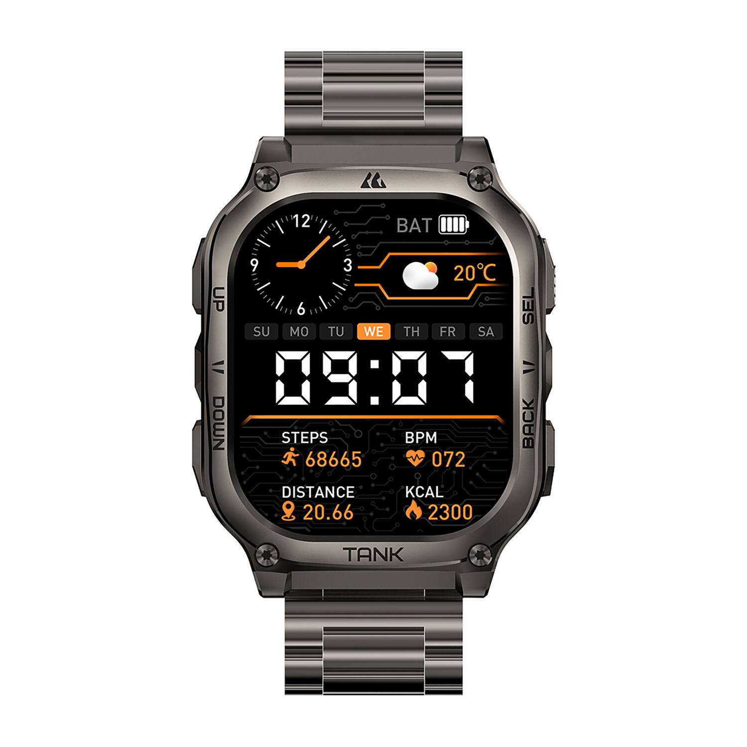 12 BAT 9 3 20°C UP 6 SEL SU MO TU WE TH FR SA V = 03:01 DOWN STEPS 68665 BPM 072 DISTANCE 20.66 KCAL 2300 TANK